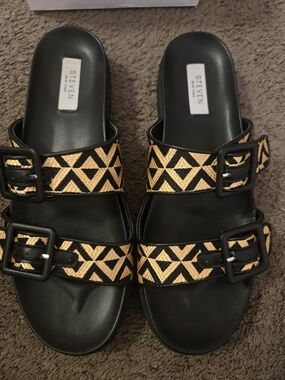 Steven By Steve Madden Black & Gold Geometric Buckle Slide Sandals